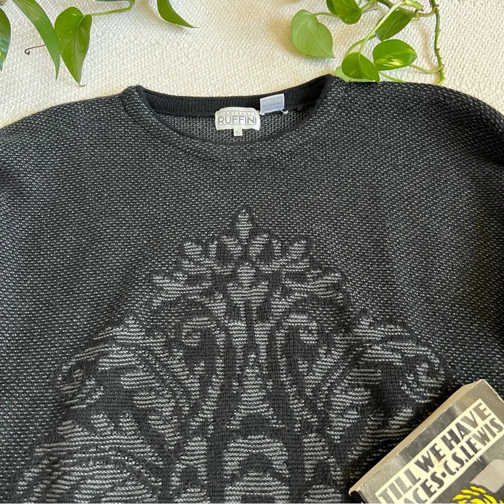 Vintage Wool Intarsia Knit 90s Black Pullover Sweater Large - Picture 2 of 7